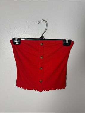 Caution To The Wind Red Ribbed Button-Front Tube Top Size Medium